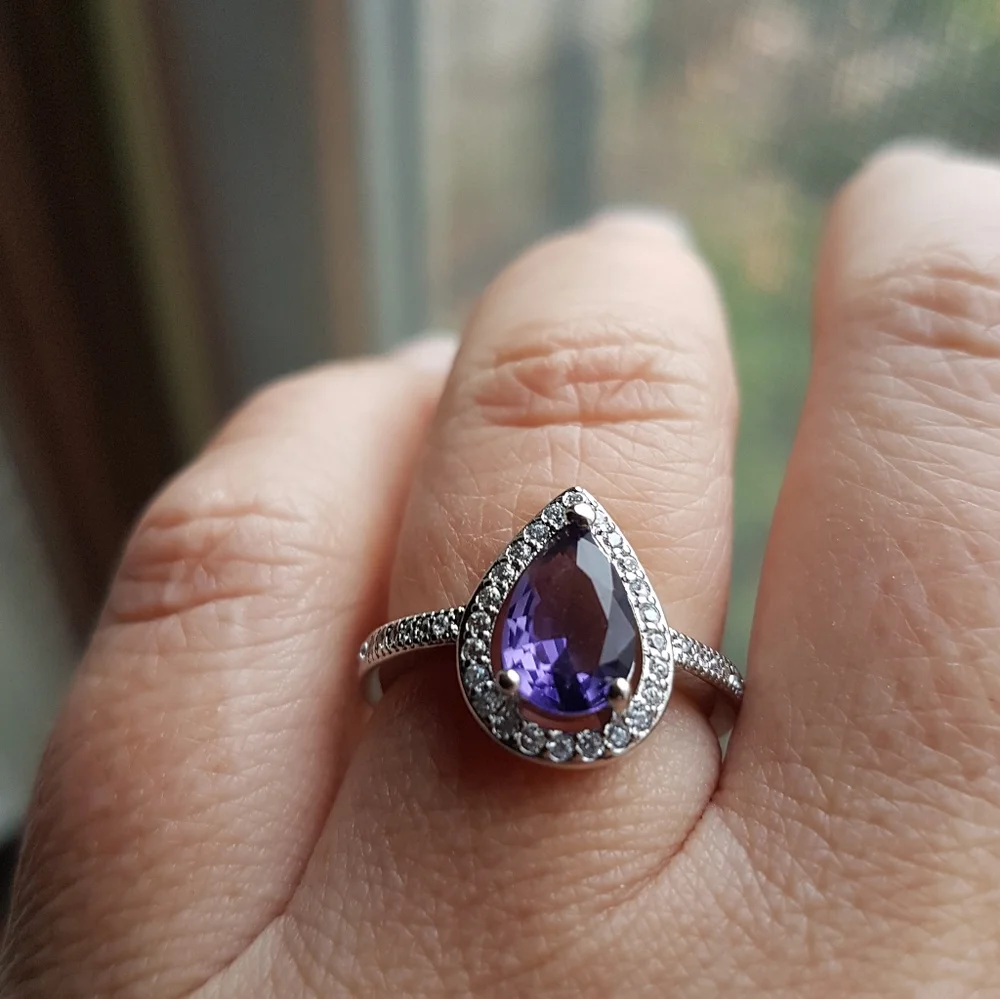 Swarovski Elements 925 Sterling Silver Amethyst Purple Teardrop Ring NEW